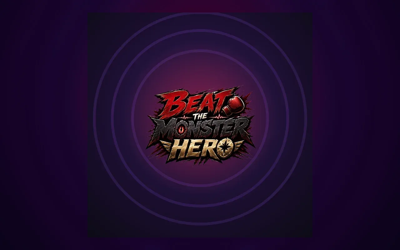 Logotipo de Beat the Monster Hero sobre un fondo morado con ondas concéntricas