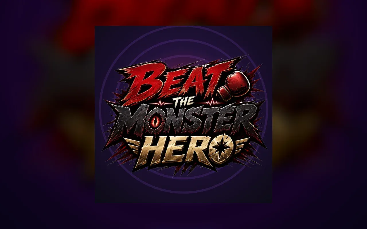 Logotipo de Beat the Monster Hero sobre un fondo morado con ondas concéntricas — 1