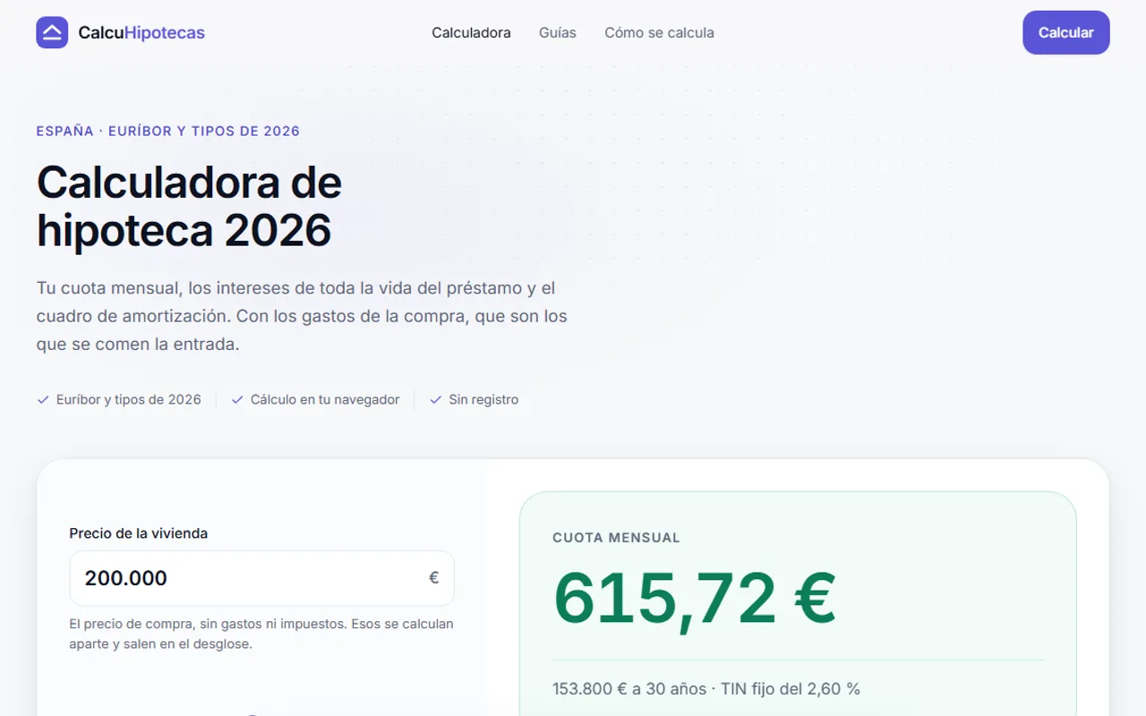 Calculadora de CalcuHipotecas mostrando la cuota mensual de una hipoteca a 30 años
