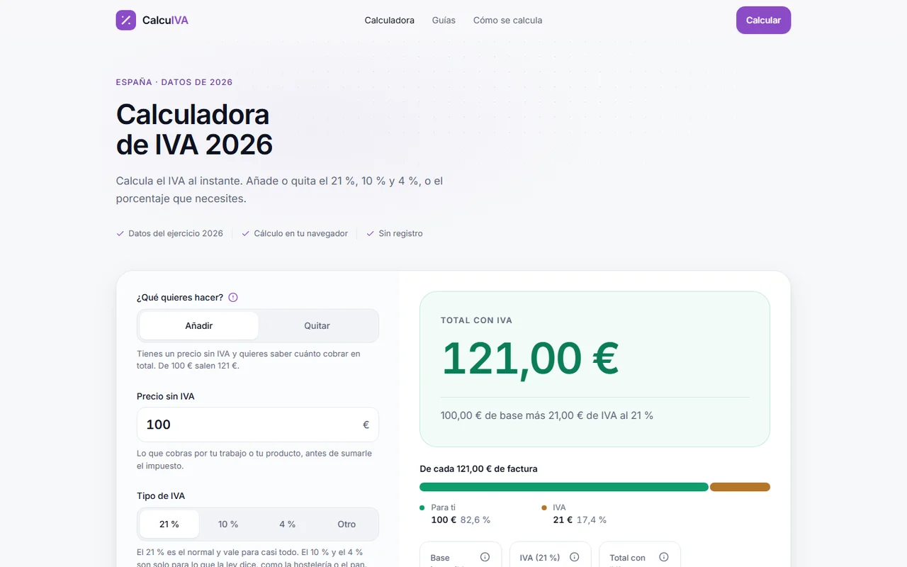 Calculadora de CalcuIVA mostrando el total con IVA y el desglose de la base imponible