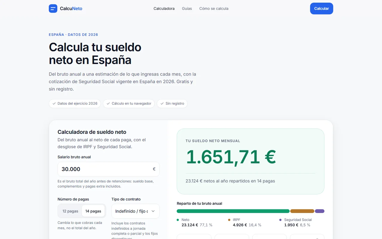 Calculadora de CalcuNeto mostrando el sueldo neto mensual a partir del bruto anual