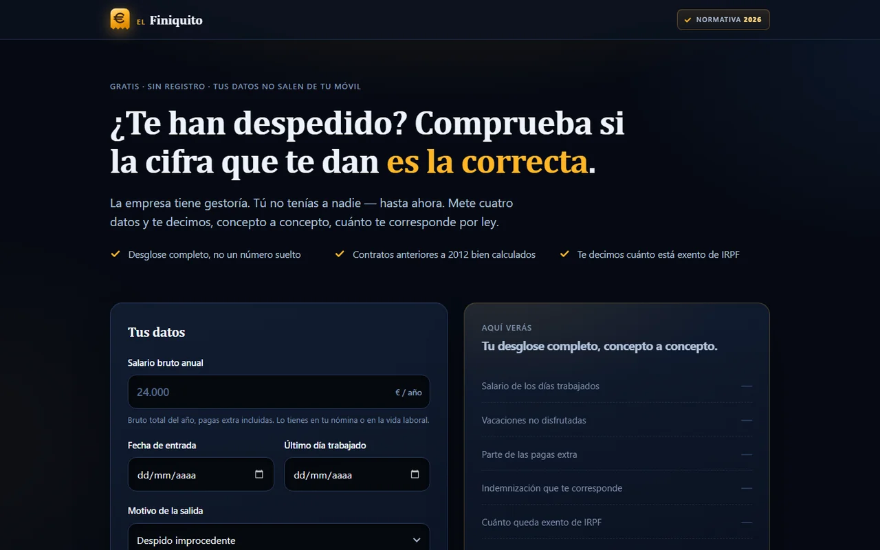 Calculadora de El Finiquito con el formulario de datos y el desglose por conceptos