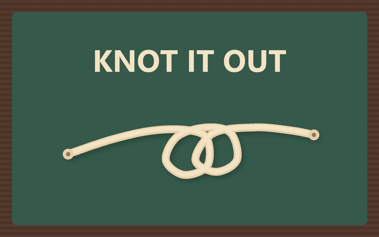 Una cuerda anudada sobre un tapete verde con marco de madera y el título Knot It Out