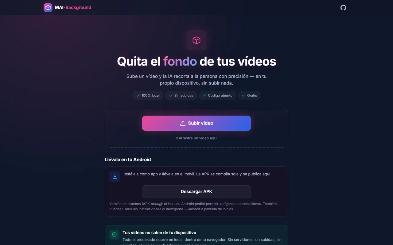 Portada de MAI-Background con el botón para subir un vídeo y quitar el fondo