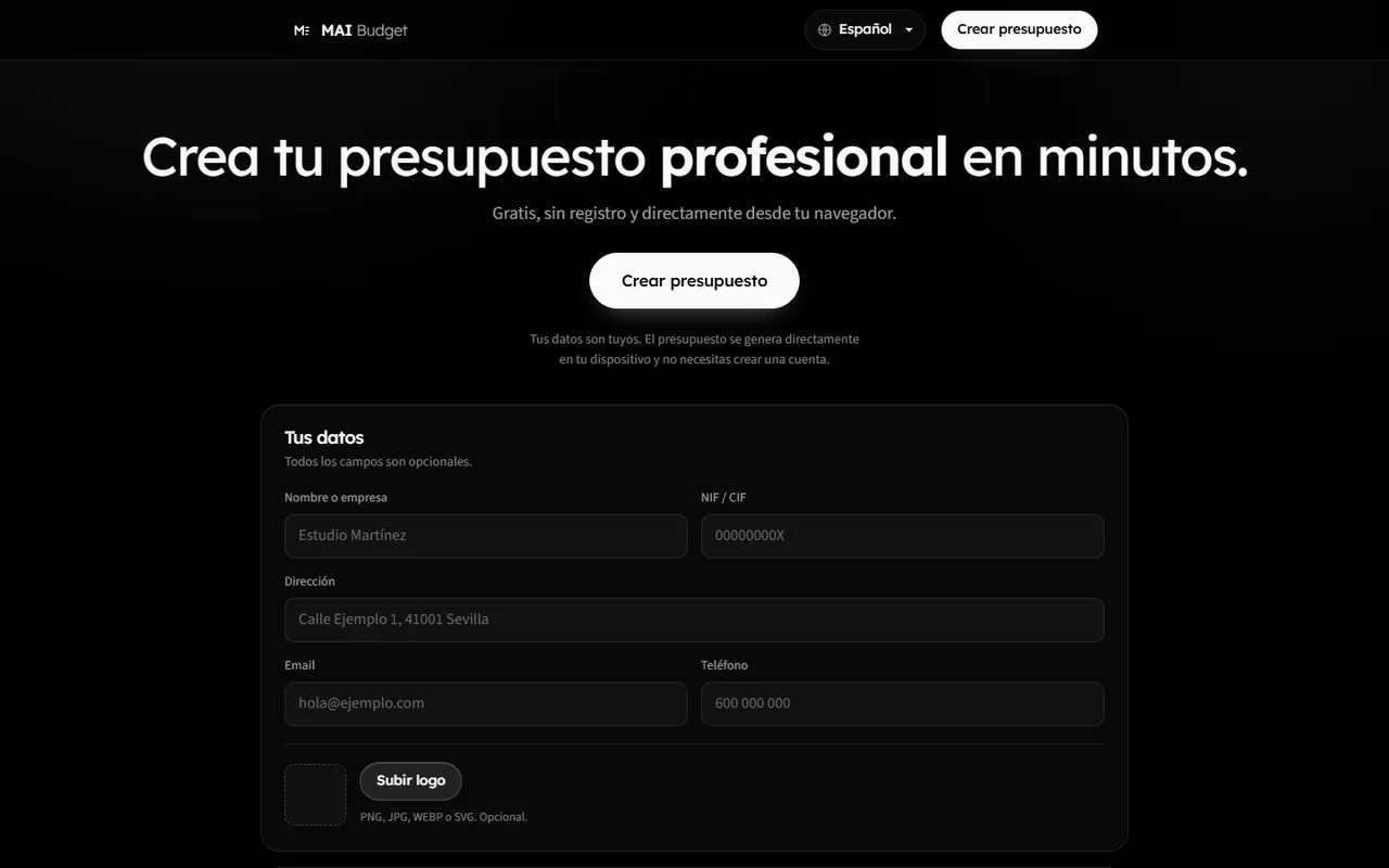 Formulario de MAI Budget con los datos del emisor y la subida de logotipo