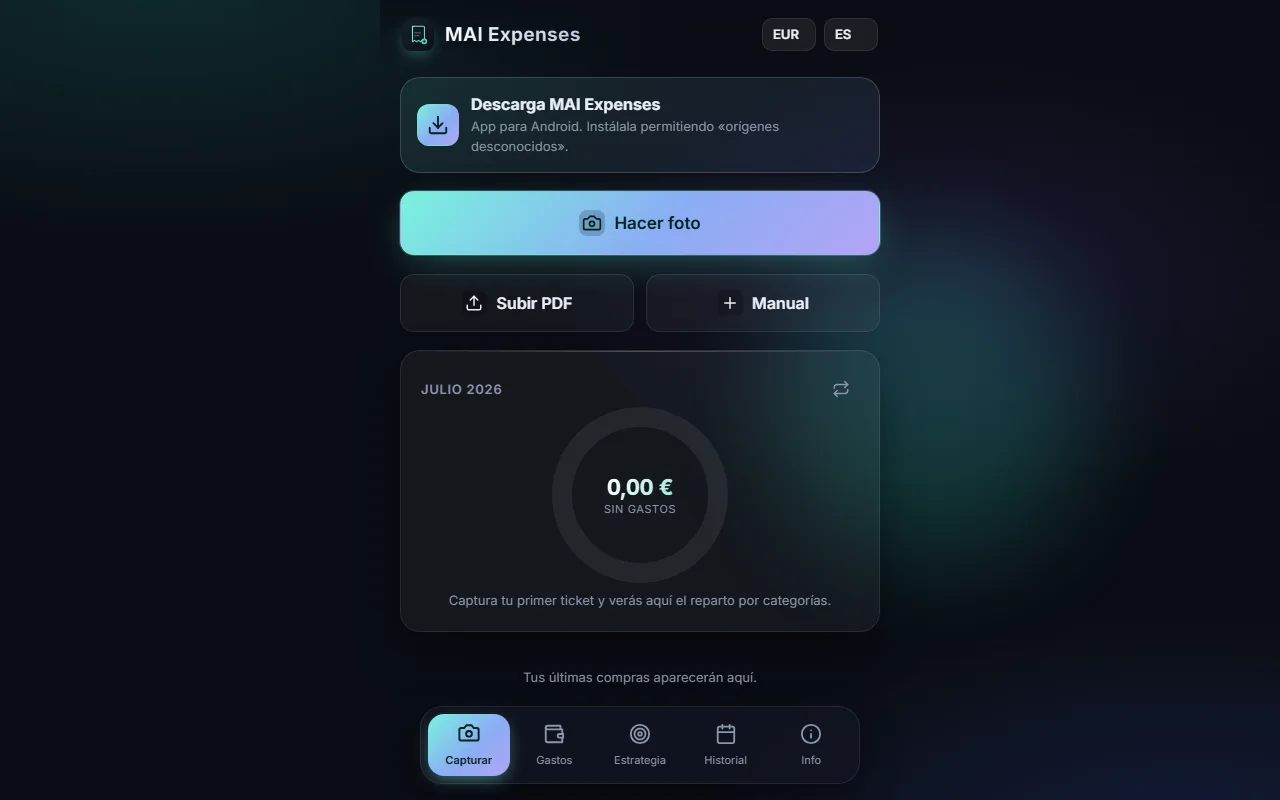 Pantalla principal de MAI Expenses con el resumen mensual de gastos