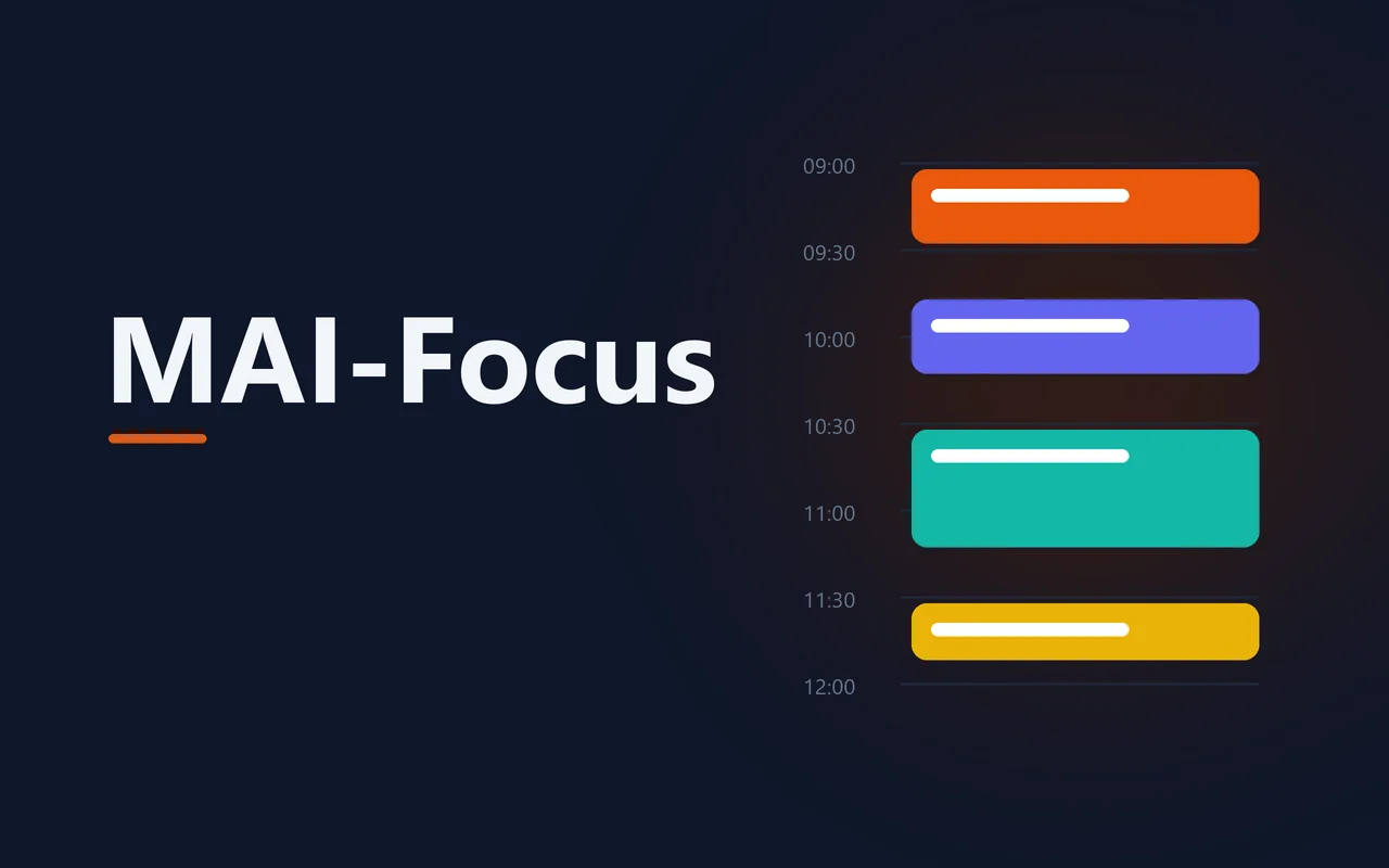 Logotipo de MAI-Focus junto a una rejilla del día con bloques de tiempo de colores