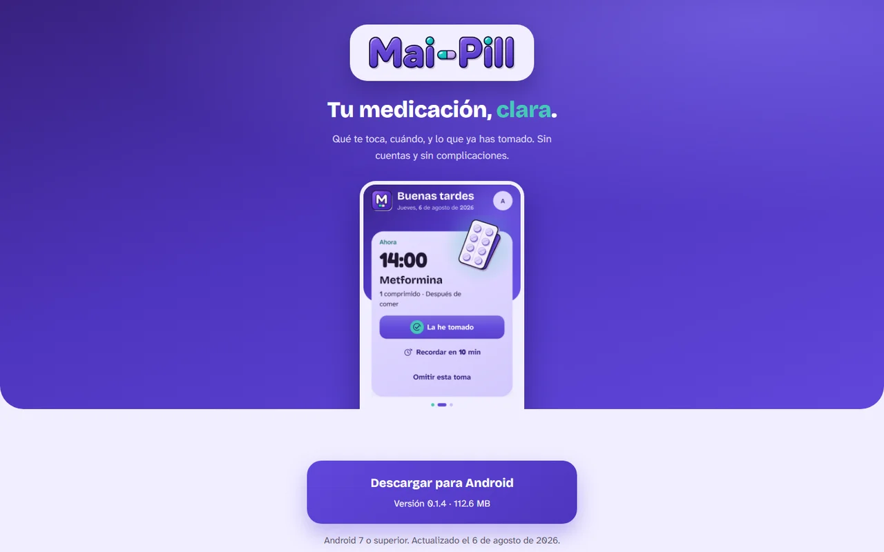 Portada de Mai-Pill con la próxima toma de medicación en pantalla