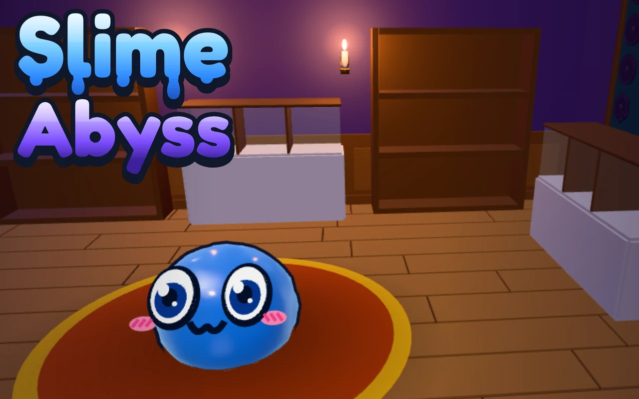 El logotipo de Slime Abyss y el limo azul sobre la alfombra de su habitación, iluminada por una vela